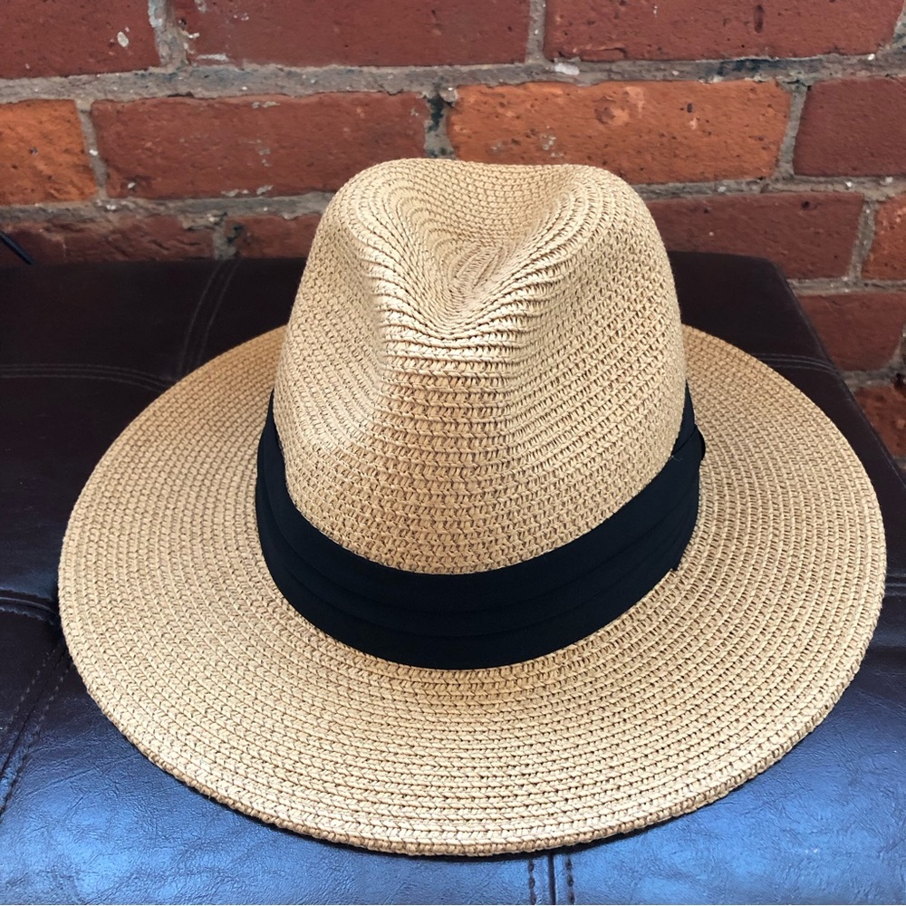 Women’s Straw Fedora Beach Hat, 3”Brim, Adjustable Interior Ribbon, Size M